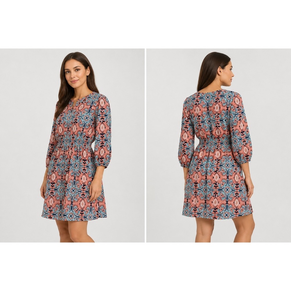 JUSTIFY Womens Dress Size L Salmon Geometric Print Elastic Waist Boho 3/4 Sleeve